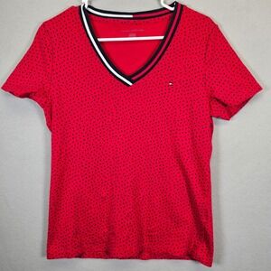 Tommy Hilfiger Womens XL Red Polka Dot V-Neck Short Sleeve T-Shirt Striped Trim